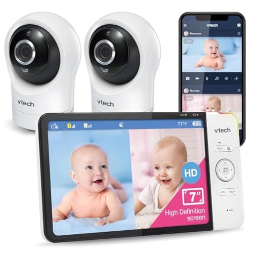 VTech baby monitor smart Wi-Fi con 2 telecamere, schermo HD a colori da 7", videocamera FHD 1080p, app gratuita, controlli panoramica, inclinazione e zoom, ninne nanne, suoni rilassanti: RM7764-2HD