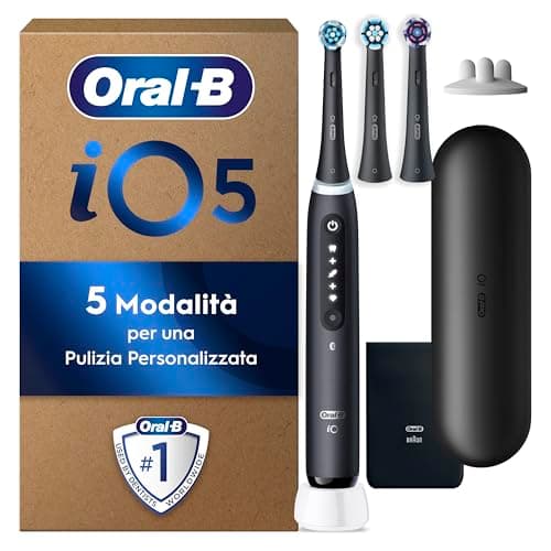 Oral-B Spazzolino Elettrico Ricaricabile iO 5N, Sensore di Pressione, Intelligenza Artificiale, 3 Testine di Ricambio, 1 Spazzolino Elettrico Oral B, Custodia da Viaggio, Nero, Idea Regalo