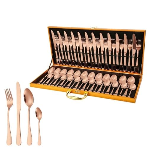 48-Piece Stainless Steel Cutlery Set in Wooden Box for 12 People - Includes Steak Knives, Forks, and Spoons for Home and Hotel Use