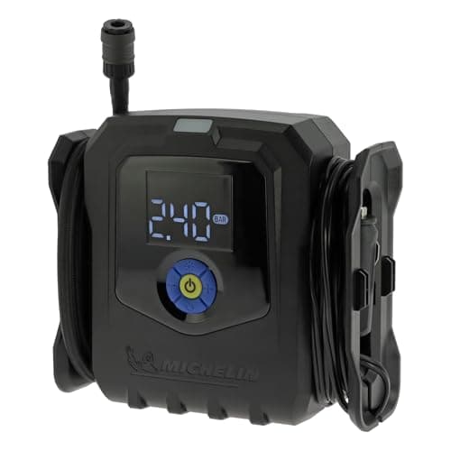 MICHELIN 009542 Compressore d’Aria Elettrico Professionale – Gonfiatore per Pneumatici Auto – Pressione Programmabile 8 Bar 168W – 12V Presa Accendisigari – Portata 24L al Minuto – 3 Adattatori