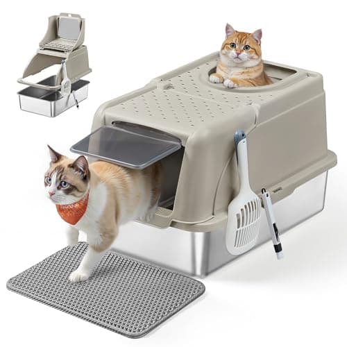 Feandrea Lettiera per Gatti in Acciaio Inossidabile con Coperchio Ribaltabile, Lettiera Chiusa XL Anti Perdite, Paletta, Spazzola, Doppio Ingresso, per Gatti fino a 15 kg, Beige Cappuccino PPT005K01