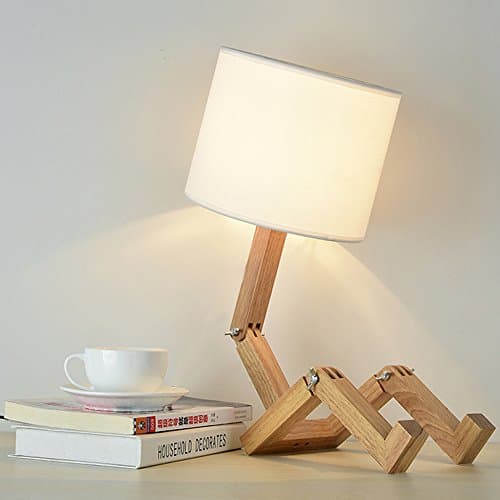 Elinkume Creativa lampada da scrivania robot, mensola regolabile lampada da comodino in legno con paralumi in tessuto E27 vite per bambini camera da letto ufficio soggiorno illuminazione decorativa