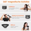 Faszin Haartrockner Leichter Föhn mit 110.000 RPM bürstenlosem Motor für Schnelles Trocknen, Wenig Lärm, LED-Anzeige, 200 Millionen Ionen fön,3 Magnetdüse für Zuhause Salon (Tiefschwarz) - 5