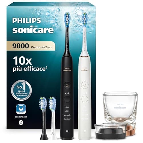 Philips Sonicare DiamondClean 9000 spazzolino elettrico, confezione doppia, spazzolino sonico con app, sensore di pressione, 4 modalità di pulizia, bicchiere di ricarica, nero e oro rosa, HX9914/61