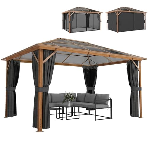 Outsunny Gazebo di lusso per terrazzo, naturale 3 x 4 m, 3 x 4 m, in policarbonato, UV50+, gazebo esterno in alluminio, impermeabile con zanzariera e tende, gazebo di lusso
