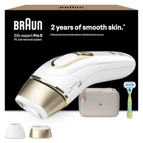 Braun IPL Silk Expert Pro 5, Visible Permanent Hair Removal for Women & Men with Venus Razor and Precision Head, Premium Pouch, Alternative for Laser Hair Removal, PL5124, White/Gold