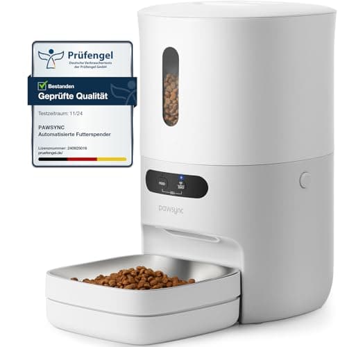 Pawsync Smart Futterautomat, Farbwechselnde Erinnerung, Haustierfutter-Trockenmittel hält Futter trocken & frisch, bis zu 3 Monate, App-Benachrichtigungen, Cremeweiß