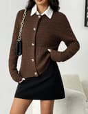 Zeagoo Cárdigan de punto para mujer, manga larga, cuello redondo, botones, chaqueta de punto frontal abierta, suéter elegante para mujer, A-marrón., M - 5