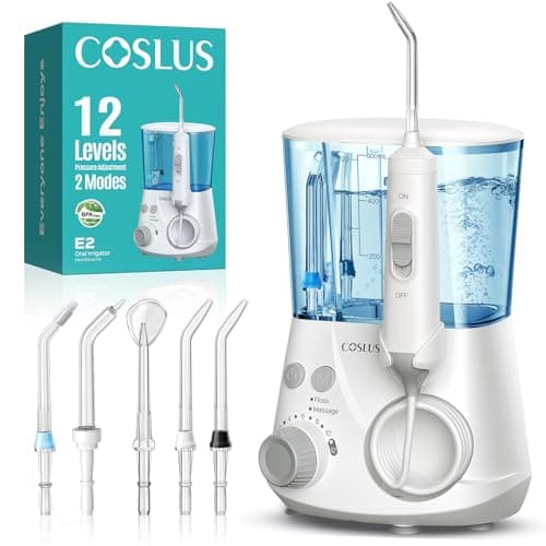 COSLUS Munddusche Elektrisch Professional Zähne: 2 Modi & 12 Druckstufen – 600ml Wassertank Zahndusche für Familien Oral Health Enthusiasten/Orthodontie-Patienten – Haushalt & Bad mit 5 Düsen –Schwarz
