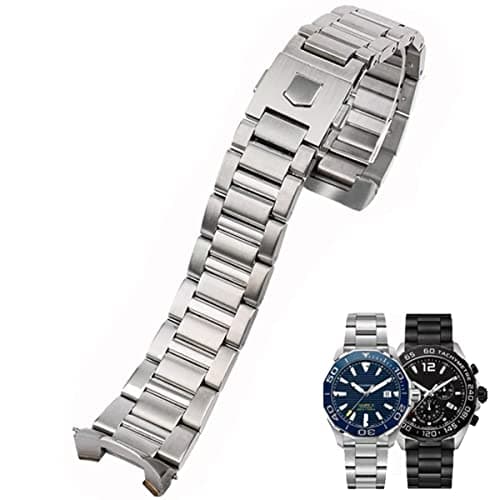 FOUUA Edelstahl-Uhrenarmband 22mm für TAG Heuer Carrera Aquarace - Metallarmband mit Echtleder, silbrig-schwarz