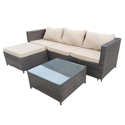 COZYBRITE Garden Furniture Rattan Corner Sofa Set with Glass Coffee Table Ottoman for Patio Outdoor Lounge All-weather SFS066 (Mix Dark Natrual Brown+Brown Cushion)