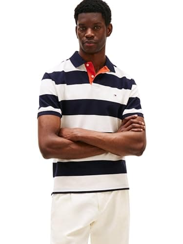 Tommy Hilfiger Men's Polo Shirts Short Sleeve Casual Regular Fit with Rugby Stripe Designs, Desert Sky / Ivory Petal, Small