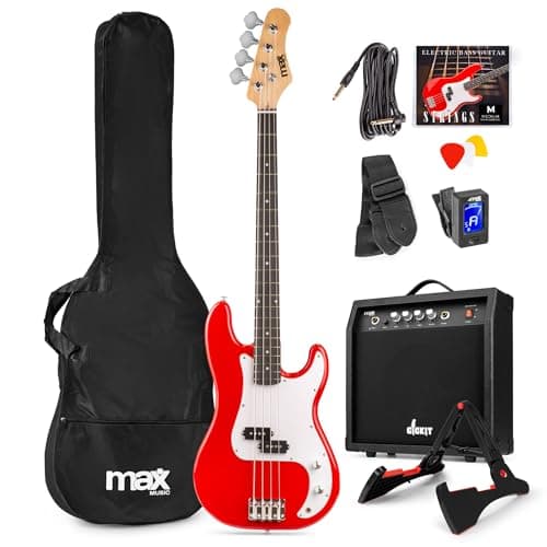 Max GigKit - Pack completo de bajo eléctrico rojo con amplificador de 40W, soporte, funda, afinador, cable y cuerdas, ideal para principiantes, práctica en casa, estudio o escuela de música.