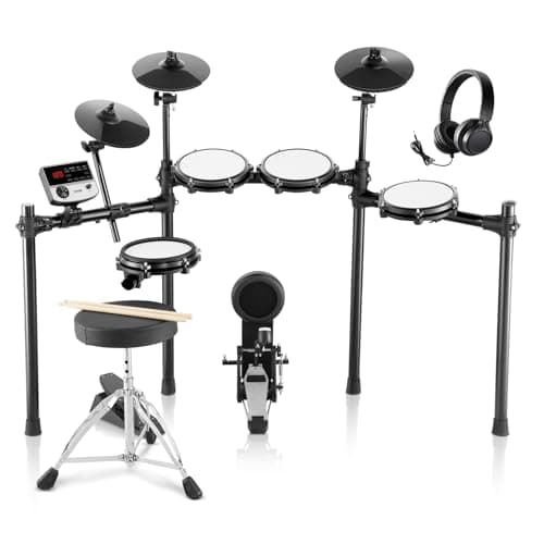 VEVOR 32 PCS Kit de Batería Electrónica 480 Sonidos Batería Eléctrica de 20,32 cm con Silla, Caja de Malla Compatible con USB MIDI, 3 Platillos de 25,4 cm, Baquetas y Auriculares para Principiantes