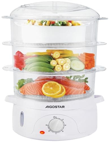 Aigostar Fitfoodie 30CFO - Vaporera Eléctrica 9L Capacidad, 800 W, Libre de BPA, Temporizador hasta 60 Minutos. 3 Recipientes Apilables, Cuenco para Preparar arroz. Diseño Exclusivo