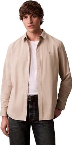 Calvin Klein Camicia Classica da Uomo LS Solid Oxford LV140EM125 Altre Camicie, Marrone (Marmo Antico), S, Marrone (Marmo Antico), S