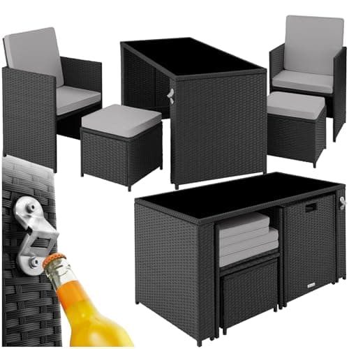 tectake Poly Rattan Sitzgruppe, 5- teiliges Lounge Gartenmöbel Set mit Tisch, Sessel & Hocker, Essgruppe für bis zu 4 Personen, Garten und Balkon Möbel inkl. Polster - schwarz/grau