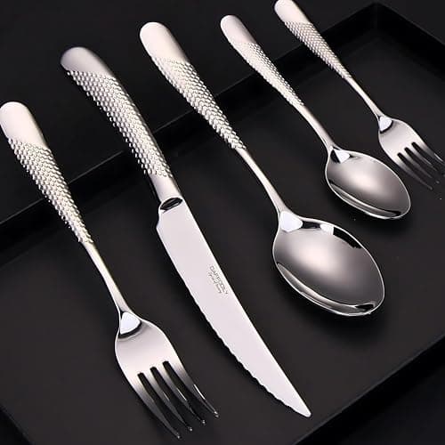 DAFFODILY® Luxus Besteck Set 20-teilig aus 18/10-Edelstahl für 4 Personen mit 2-in-1 Steakmessern - Spülmaschinenfest, Spiegelglanz, Elegante Geschenkbox inklusive