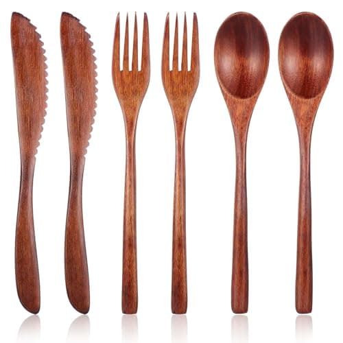 HJZHII Nanmu 6-Piece Wooden Cutlery for Eating, Wooden Spoons, Forks, Scrapers, Reusable Wooden Cutlery Set, Cutlery Set for Daily Use at Home, Travel and Camping