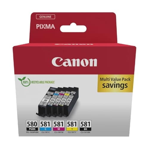 Canon PGI-580 + CLI-581, Cartuchos de Tinta Original, 5 Cartuchos de Tinta Independientes, 2 Color Negro y 3 Color Amarillo, Magenta y Cian, Compatible con Impresoras de Inyección de Tinta PIXMA