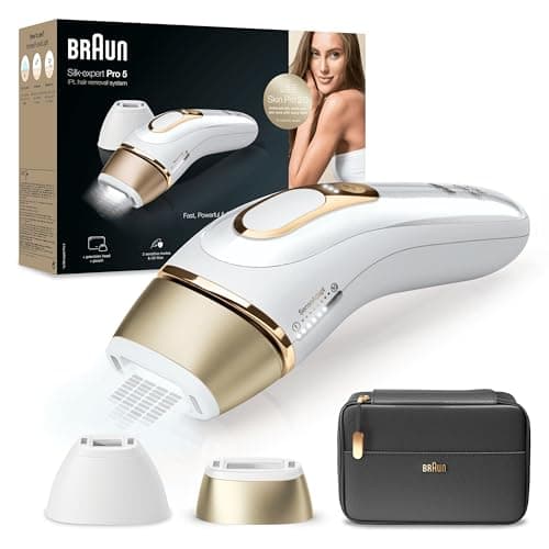 Braun Silk-expert Pro 5 Epilatore LUCE PULSATA, Alternativa al laser, Ideale per Zone Sensibili, Viso, Bikini e Ascelle, 2 Accessori, Custodia Viaggio, Idea Regalo, PL5140 Bianco e Oro