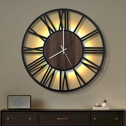 Maxstar Reloj de Pared 50CM para Salón a Pilas, Silencioso Sin Tic-TAC, Estilo Madera Metal, LED Moderno Dormitorio/Oficina (Números Romanos, Negro-20)