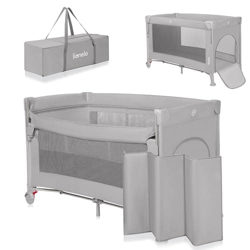 Lionelo Ellen Lettino da Viaggio 3 in 1 – Culla Co-Sleeping con Fianco Abbassabile, Box Bambini con Materasso a 2 Livelli, 125 × 65 × 78 cm, Uscita Laterale Zip, Ruote con Freno, Borsa da Trasporto