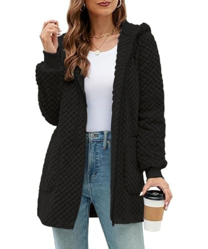 ABINGOO Damen Winterjacke Fleecejacke Lang Kapuzenjacke Teddyjacke Flauschig Plüschjacke Warm Reißverschluss Hoodie Kuscheljacke Wintermantel Mit Taschen(Schwarz,L)