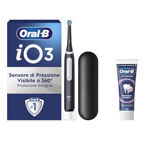 Oral-B Spazzolino Elettrico Ricaricabile iO 3 Nero, 1 Spazzolino Elettrico, 1 Testina Di Ricambio, Custodia Da Viaggio + Dentifricio Oral-B Advanced Protezione Gengive, Pulizia Denti Efficace