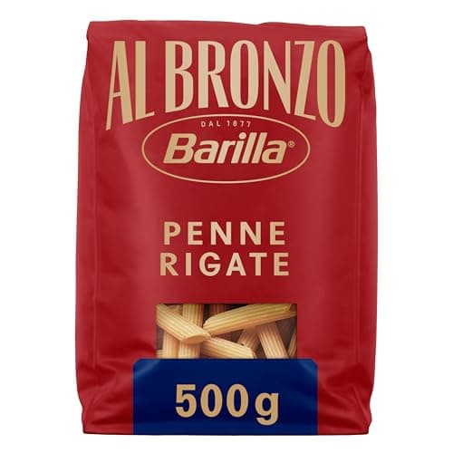 Barilla Pasta Al Bronzo Penne Rigate 100% Grano Italiano, Pasta Trafilata Al Bronzo con Lavorazione al Bronzo Grezzo, Ruvidità Intensa, Formato Spesso e Corposo, Alta Tenuta di Sugo e Cottura, 500 g