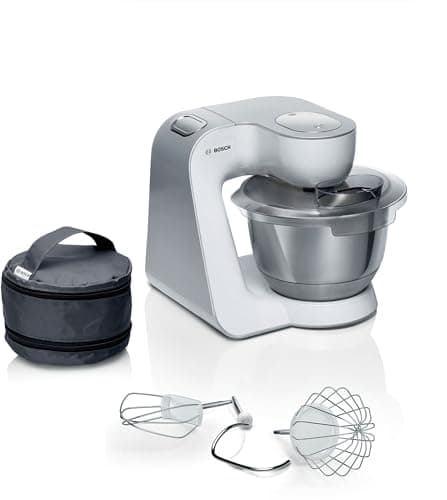Bosch Serie 4 Planetaria Impastatrice MUM58200, 1000 W, Capiente Ciotola in Acciaio Inox da 3,9 L, 7 Livelli di Velocità, Fruste e Gancio Inclusi, Accessori Lavabili in Lavastoviglie, Bianco, Argento