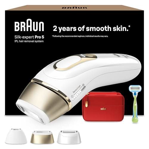 Braun IPL Silk·expert Pro 5 - IPL Hair Removal Device, Permanent and Painless Hair Removal for Home - Includes Case, Venus Razor, 3 Attachments, Designed in Germany - PL5262, White/Gold