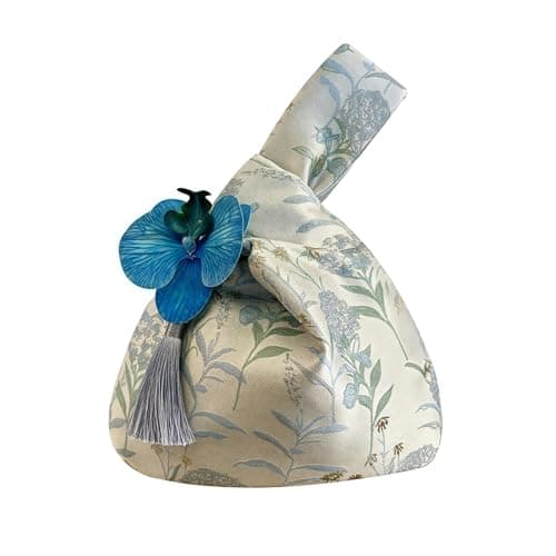 HIMKI Brautbeutel Klassische Hochzeit Handtasche mit Blumen Goldener Faden Jacquard Quaste Brauthandtasche Satin Hochzeit Handgelenk Tasche Elegante Geschenktasche für Hochzeit und Party (Blau)