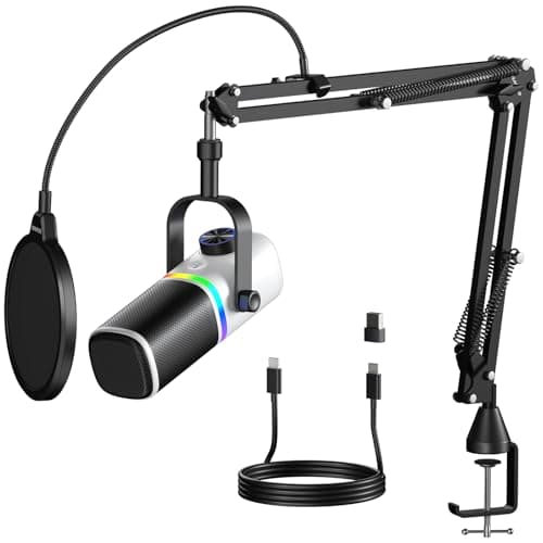 aokeo Mikrofon PC mit Mikrofonarm,AK-10 USB/XLR Dynamisches Gaming Mikrofon für Podcast,Streaming mit RGB-Beleuchtung,Lautstärkeregler,Stummschalttaste und Rauschunterdrückung (Weiß)