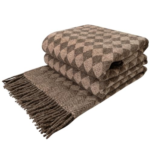LYHome Manta Lana 100% - Plaid de Lana de Oveja para Sofa Cama, Colcha Cubre Decorativa, Mantas Sofas, Blanket Invierno Verano Grande para Viaje (140 x 200 cm | Marrón con Marrón Claro Rombos Nórdico)