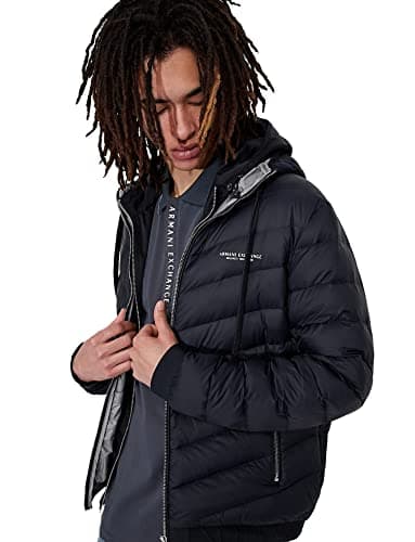 Armani Exchange Hooded Quilted Down Milano/New York Logo Zip Up Jacket Giacca, Blu Navy/Grigio Melange, M Uomo