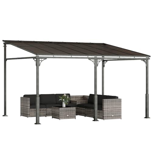 Outsunny Pergola Addossata 4x3m con Tetto in Policarbonato, Gazebo Pergolato da Giardino in Metallo e Alluminio con Viti, per Esterno, Terrazza e Patio, Protezione UV, Marrone