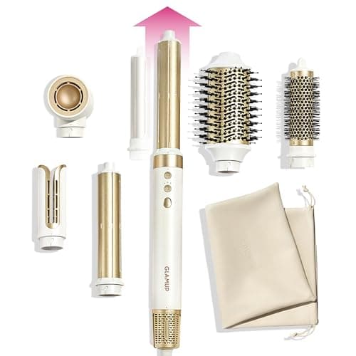 GLAMUP® Aircurler™ 6 in 1 Hot Air Styler, Upgraded Long Barrel, Round Brush, Powerful High Speed Dryer, Tight Grip, Curling Volumizing Gift Set with Travel Bag
