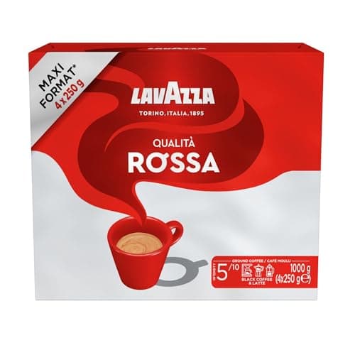 Lavazza, Qualità Rossa, Ground Coffee, 1 kg, Ideal for Moka Pots, with Aromatic Notes of Chocolate and Dried Fruits, Arabica and Robusta, Intensity 5/10, Medium Roasting, 4 x 250g