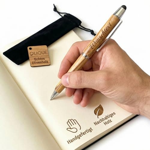 OLIQUE Kugelschreiber personalisiert, Olivenholz - Edler Holzkugelschreiber mit Gravur und Samtetui als individuelles Geschenk