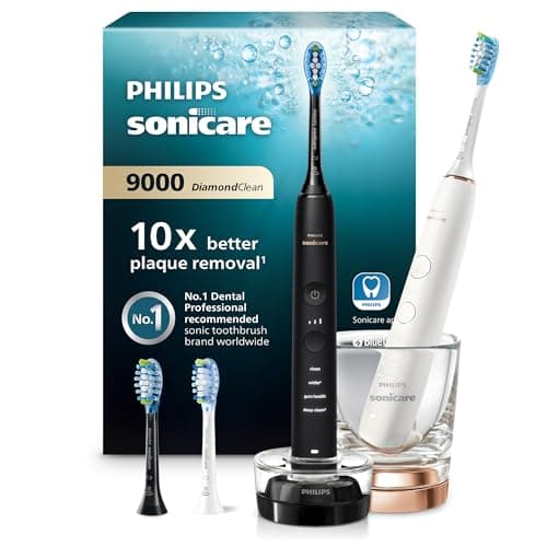 Philips Sonicare DiamondClean 9000 spazzolino elettrico, confezione doppia, spazzolino sonico con app, sensore di pressione, 4 modalità di pulizia, bicchiere di ricarica, nero e oro rosa, HX9914/61