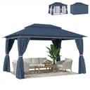 Outsunny 3 x 4 m Outdoor Garden Gazebo with Netting and Curtains, UPF50+ Double Roof Patio Gazebo Permanent Pavilion Canopy Shelter with Metal Frame, Drainage Holes, Dark Blue - 1