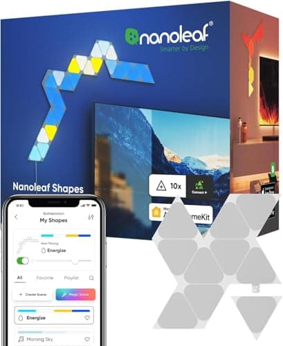 Nanoleaf Shapes Mini Triangle Expansion Pack, 10 Mini Triangoli LED Aggiuntivi RGBW - Applique da Parete Interno Modulari, Luci Led 16M Colori WiFi, Funziona con Alexa, Sincronia Musica e Monitor