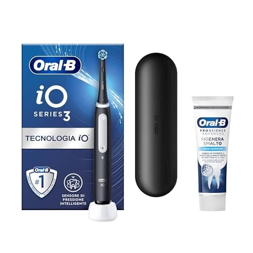 Oral-B Spazzolino Elettrico Ricaricabile iO 3 Nero, 1 Testina Di Ricambio, 1 Custodia Da Viaggio +Dentifricio Pro-Science Advanced Rigenera Smalto Pulizia Quotidiana 75ml. 1 Spazzolino