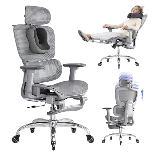 LarkLeaves Silla de Oficina Ergonómica con Reposapiés y Almohadilla Cervical - Respaldo Ajustable 5 Niveles, Soporte Lumbar 2D, Ruedas de Goma Silenciosas, Malla Transpirable para Oficina, Gris