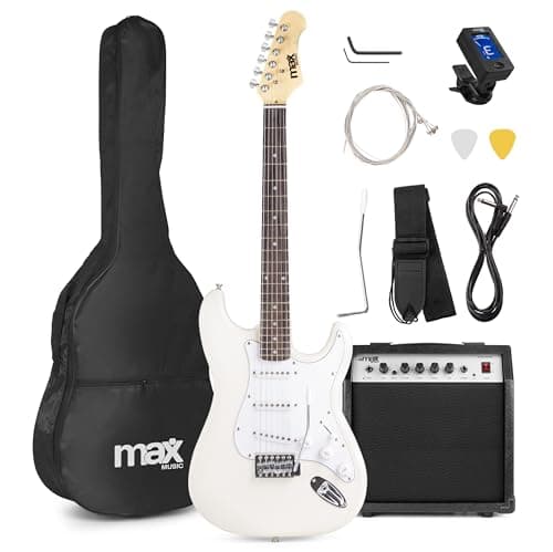 MAX GigKit - kit guitarra electrica de iniciación, amplificador de 40w, funda de transporte, afinador, cuerdas, palanca tremolo, correa, 2 púas, cable de 3m, Color Blanco