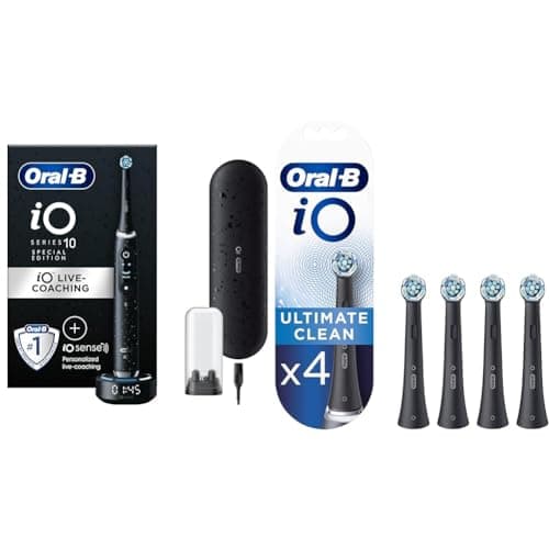 Oral-B iO10 Electric Toothbrush, 1 Handle, 1 Toothbrush Head & Charging Travel Case, 7 Brushing Modes, Smart Charger, 2 Pin UK Plug, Cosmic Black + 4 Oral-B iO Ultimate Clean Electric Toothbrush Heads
