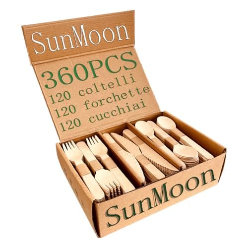 SunMoon Confezione da 360 posate in legno usa e getta, ecologiche, lunghe 16 cm, confezione priva di plastica, sostituto per posate in plastica e bambù, compostabili, biodegradabili per feste