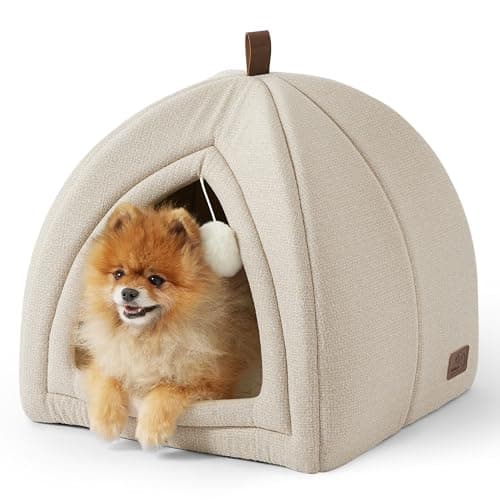 Bedsure Cama para Gatos Grande - Cueva para Gatos 44 x 44 x 44 cm, Casa para Gatos de Interior con Cojín Sherpa Extraíble y Juguete Colgante, Cama Lavable, Blanco Roto