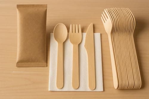 Set Posate Usa e Getta Imbustate - Posate Monouso in Legno 16 CM,Cucchiaio Forchetta Coltello Biodegradabili - no plastica - con Salvietta e Forchette Usa e Getta (50 pezzi)
